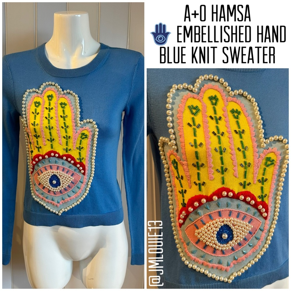 🎀SOLD🎀Alice + Olivia Hamsa Embellished Hand Blue Knit Sweater